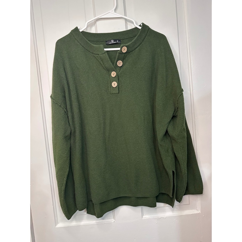 LILLUSORY Women XL Olive Green Waffle Knit Henley Sweater LS055 Wood Buttons